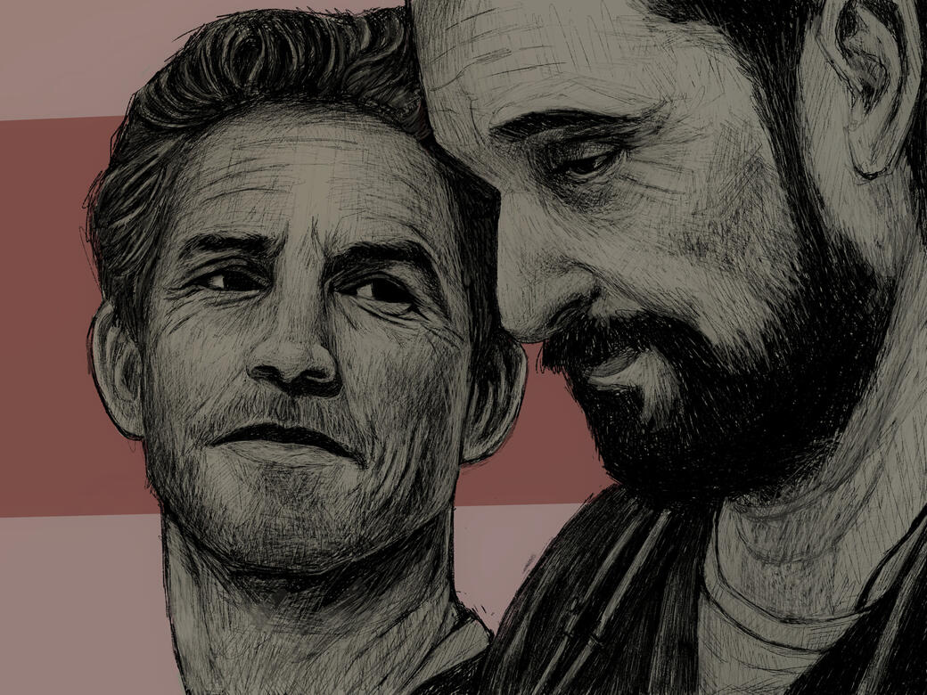 2 Characters from the pitt (Dr Jack Abbot, and Dr Robby) looking at each other.